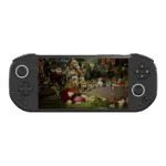 A sleek, matte black Mangmi Pocket Max handheld gaming console centered against a solid black background. The widescreen display showcases a vibrant, detailed HD-2D pixel art village scene featuring European-style cottages, festive banners, and lush trees. The console layout includes a left-side thumbstick above a classic D-pad, a right-side thumbstick below four face buttons (X, Y, A, B), and dual front-facing speaker grilles near the bottom corners.
