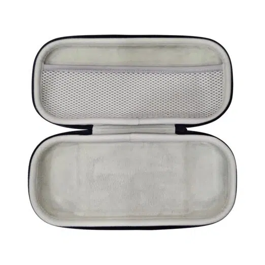 Open interior view of the empty MANGMI Pocket Max Carrying Case on a white background, highlighting the soft, protective light-gray plush lining, a molded bottom compartment, and a large zippered mesh storage pocket on the upper lid for accessories.