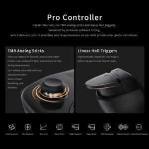 Product package contents layout titled "What's in the Box" for the Mangmi Pocket Max console bundle. The top shows the matte black handheld unit with an illuminated screen, while the bottom clean space displays a coiled white USB Type-C charging cable on the left and a minimalist black user manual booklet on the right.