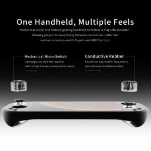 A multi-panel lifestyle graphic showcasing the diverse use cases and structural build of the Mangmi Pocket Max. Separate photos show gamers holding different console colorways to play streamed PC games, retro emulated titles, and native mobile Android games. The lower panels display physical features: a borderless display, a side profile highlighting the curved ergonomic grips, and the silver-trimmed rear intake fan.