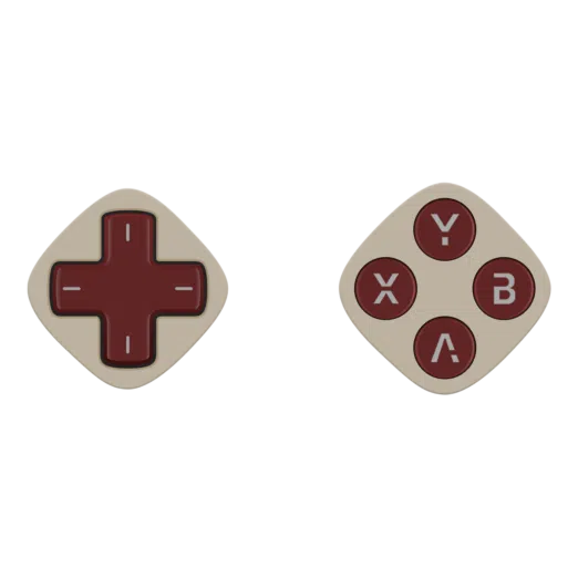 Two retro-styled, rounded diamond gaming controller modules side-by-side. The modules have a classic light beige housing with dark burgundy components. The left features a burgundy D-pad, and the right features four burgundy action buttons labeled Y, X, B, and A in grey text.