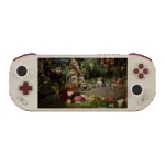A retro Game Boy-inspired edition of the Mangmi Pocket Max handheld console, featuring a cream-colored body set against a black background. The layout and pixel-art village screen are identical to the black model, but this version features dark maroon accents on the D-pad, face buttons, and top shoulder bumpers. The dual analog sticks are black with white outer rims.