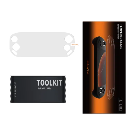 Clear full-coverage screen protector with custom cutouts hovering over a black MANGMI Pocket Max handheld console.