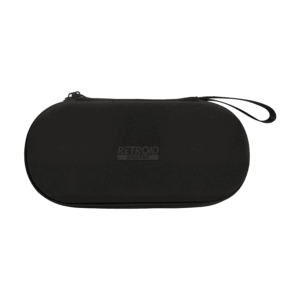 Matte black Retroid Pocket protective carrying case with an embossed logo in the center and an attached wrist strap, isolated on a black background.