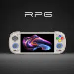 Front view of the Retroid Pocket 6 handheld console centered under a sleek, silver "RP6" logo on a dark gray gradient background. The device is in a 16-bit retro cream colorway with a vibrant, flowing multi-colored abstract digital wave displayed on its screen, and customizable blue LED light rings glowing around both thumbsticks.