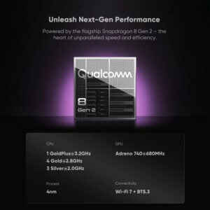 A performance marketing graphic showcasing a glowing silver Qualcomm Snapdragon 8 Gen 2 processor chip against a dark background with purple backlighting. Text below details an octa-core CPU layout (1 GoldPlus core at 3.2GHz, 4 Gold cores at 2.8GHz, 3 Silver cores at 2.0GHz), an Adreno 740 GPU at 680MHz, a 4nm manufacturing process, and Wi-Fi 7 plus Bluetooth 5.3 connectivity.