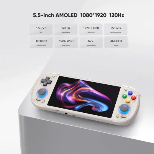 An e-commerce infographic highlighting the screen specifications of the Retroid Pocket 6 console, which is shown resting on a clean white geometric surface. Above the device, eight specification cards list features including a 5.5-inch size, 120Hz refresh rate, 1920 by 1080 resolution, 550 nits peak brightness, 100,000 to 1 contrast ratio, 150 percent sRGB color gamut, 16 to 9 aspect ratio, and an AMOLED panel.