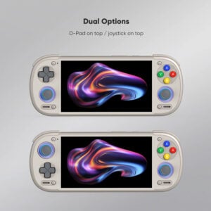 A marketing graphic titled "Dual Options" showcasing the layout variations of the Retroid Pocket 6. It features two front-facing console views stacked vertically: the top console layout shows the classic D-pad on top of the left analog stick, while the bottom console layout shows the left analog stick on top of the D-pad, giving users hardware placement choices.