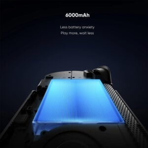An internal hardware rendering of the Retroid Pocket 6 highlighting a large 6000mAh battery glowing with bright blue light inside a dark translucent console shell next to rear ventilation grilles. Minimal white text above reads "6000mAh. Less battery anxiety. Play more, wait less."