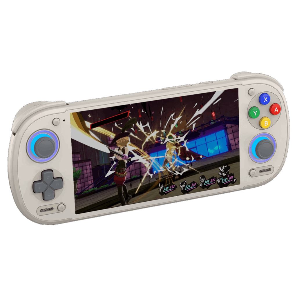 An angled studio product shot of the Retroid Pocket 6 handheld gaming console in a retro "16-bit" off-white colorway, isolated on a black background. The device features a gray D-pad and a gray analog stick on the left, and classic colored face buttons (Blue X, Red A, Green Y, Yellow B) above a right analog stick. Both analog sticks are illuminated by a glowing blue LED ring at the base. The wide screen displays a vibrant, action-heavy combat scene from the video game Persona 5.