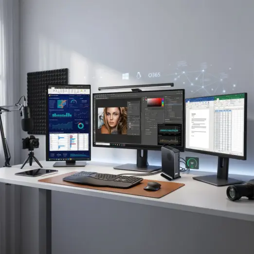 GPD BOX black ribbed mini PC on white desk powering triple monitors, shown front angle with keyboard and mouse