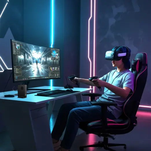 Front-left view of GPD BOX mini PC on desk, black textured case beside monitor and VR gamer in neon room