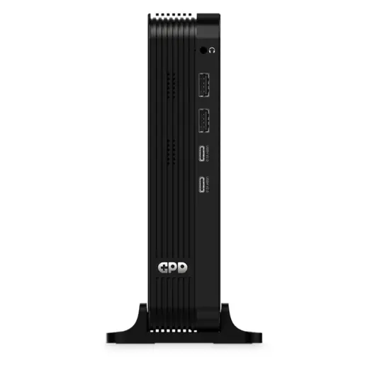 Black GPD BOX GPD Mini PC upright on base, ribbed metal side with front USB-A and USB-C ports
