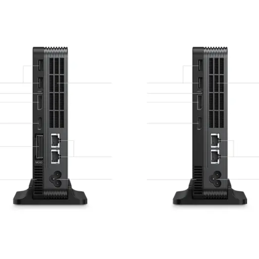 GPD Box black mini PC rear view pair on stands, showing ribbed vents, USB, HDMI, dual LAN and MCIO ports