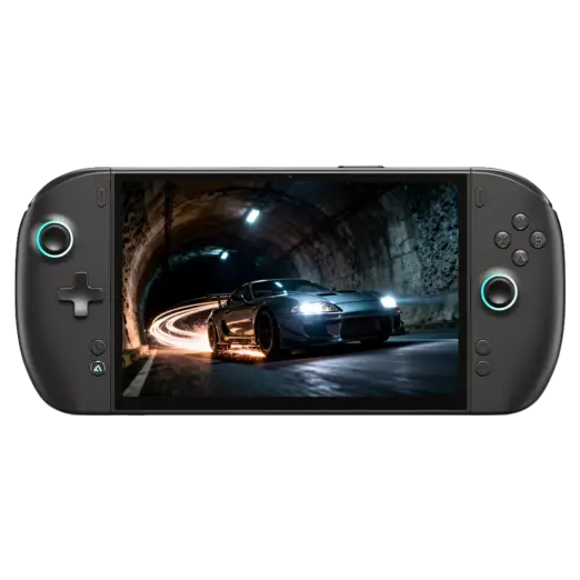 ONEPXLAYER-3-LISTING-IMAGE-DONE-1-3b4c8591-0429-4f72-b9a9-da9d61dfe655.webp ONEXPLAYER 3 matte black handheld gaming PC front view, cyan-lit sticks, racing car in tunnel on screen