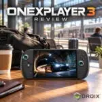 Black ONEXPLAYER 3 handheld gaming device resting on a wooden table at a train station, displaying a racing game on its screen with the title "ONEXPLAYER 3 REVIEW" overhead.