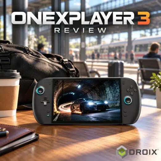 Black ONEXPLAYER 3 handheld gaming device resting on a wooden table at a train station, displaying a racing game on its screen with the title "ONEXPLAYER 3 REVIEW" overhead.