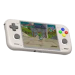 Retroid Pocket Nova smooth white Android handheld angled front, gray sticks and colorful buttons, gameplay on screen