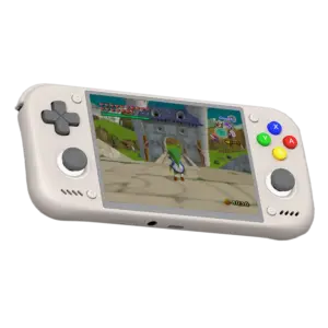 Retroid Pocket Nova smooth white Android handheld angled front, gray sticks and colorful buttons, gameplay on screen