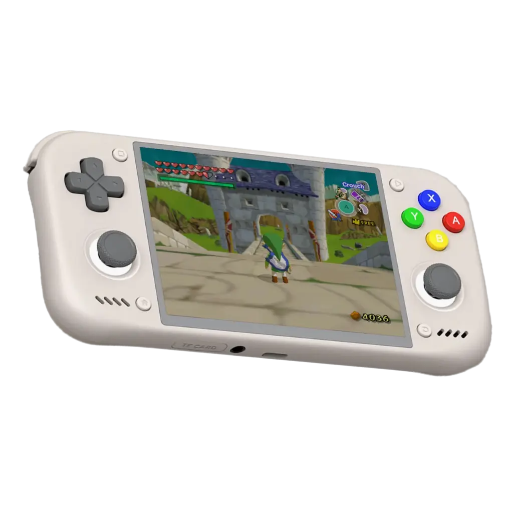 Retroid Pocket Nova 16Bit handheld console angled, cream shell, grey sticks, colorful buttons, game on screen