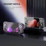 Two Retroid Pocket Nova AMOLED handhelds in translucent purple and grey, angled on dark plinths with glowing screens
