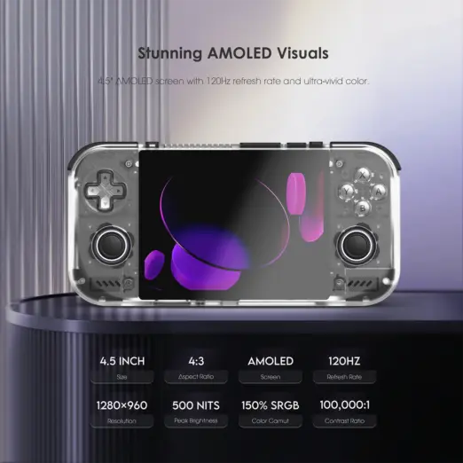 Retroid Pocket Nova front view, translucent gray Android handheld with vivid purple AMOLED screen and controls