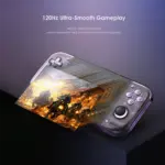 Retroid Pocket Nova Android handheld at angled view, translucent purple shell and layered 120Hz gameplay screen