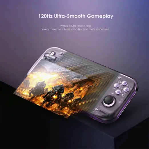 Retroid Pocket Nova Android handheld at angled view, translucent purple shell and layered 120Hz gameplay screen
