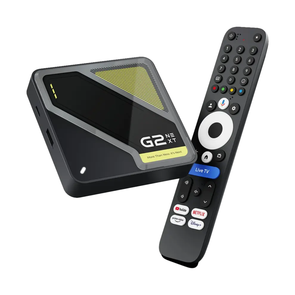 Angled RockTek G2 Next Google TV box in glossy black with yellow vent, beside matte number-button voice remote