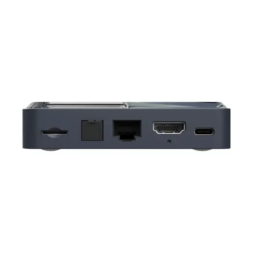 RockTek G2 Next Google TV box straight rear view, matte dark gray with glossy top, HDMI, Ethernet and USB-C ports