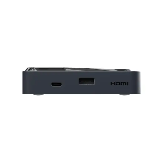 RockTek G2 Next 4K Android TV box front view in dark gray, with USB-C, USB-A ports and HDMI logo