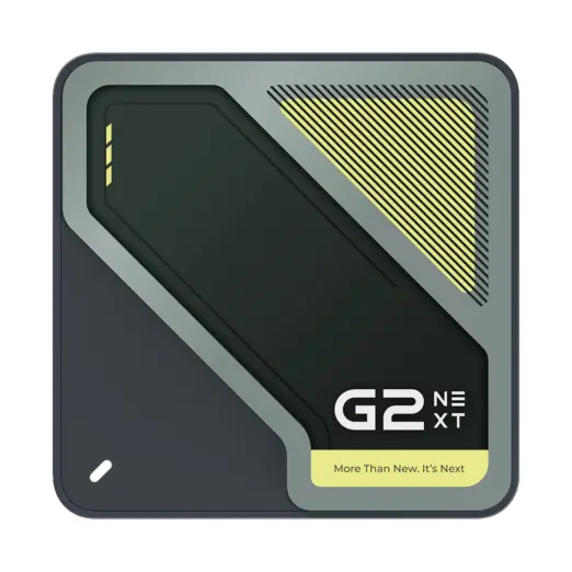 RockTek G2 Next Google TV box top view, matte dark gray and sage green rounded case with lime stripes and logo
