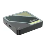 RockTek G2 Next Google TV box angled view, matte black body with glossy top, yellow striped detail and front ports