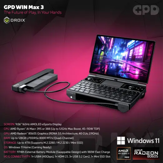 GPD WIN Max 3 specifications and Windows 11 feature image