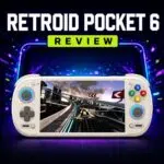 Play Retroid Pocket 6 review video showing a cream handheld with a futuristic racing game.