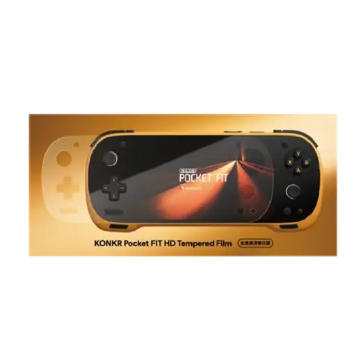 KONKR-POCKET-FIT-SCREEN-PROTECTOR-LISTING-DONE-01-37bb87be-ec29-4056-99ed-74f99ac44b14.webp KONKR Pocket Fit Screen Protector on gold box, front view with black handheld console graphic and glossy tempered film