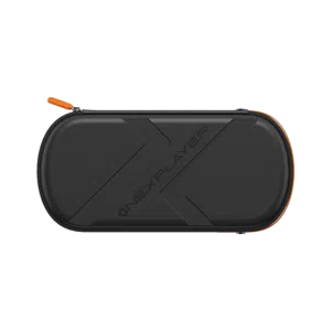 ONEXPLAYER 3 Case front view, black matte hard shell with raised X logo, orange zipper pull and trim