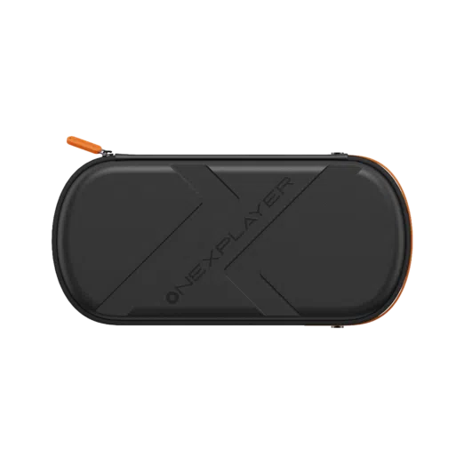 ONEXPLAYER-3-CASE-LISTING-DONE-01-17646cd4-0ed3-4c30-a22c-29d7c5456244.png ONEXPLAYER 3 Case front view, black matte hard shell with raised X logo, orange zipper pull and trim