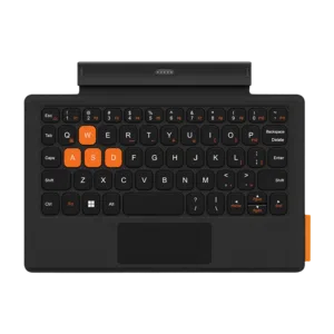 ONEXPLAYER 3 Keyboard front view in matte black with orange WASD keys, touchpad, and top pin connector