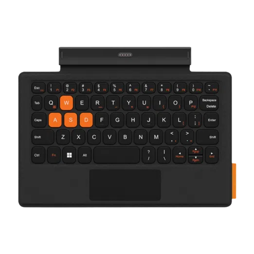 ONEXPLAYER-3-KEYBOARD-LISTING-DONE-01-0b89919d-843e-4972-8436-baf64b4eb342.png ONEXPLAYER 3 Keyboard front view in matte black with orange WASD keys, touchpad, and top pin connector