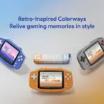 KONKR Pocket Advance retro gaming handhelds in glossy blue, orange and grey, angled on soft gradient backdrop