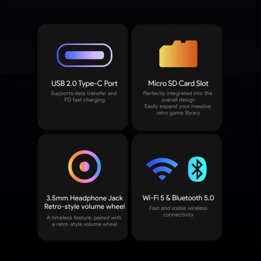 KONKR Pocket Advance dark matte feature cards with gradient USB-C, microSD, audio wheel and Wi-Fi/Bluetooth icons