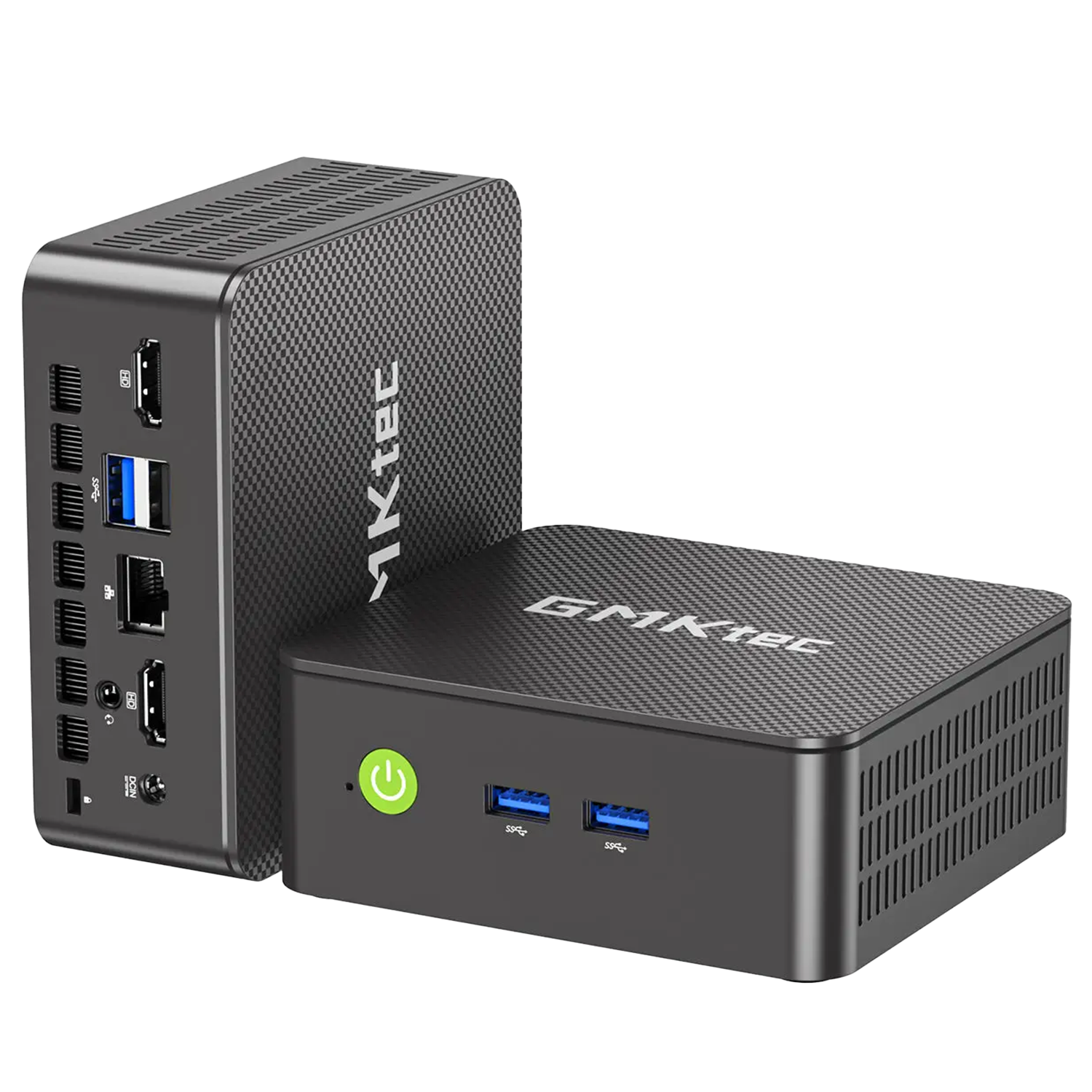 Two dark grey GMKtec mini PCs with textured top panels. One stands vertically to display rear ports, which include two HDMI p