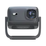Front view of the dark gray PJ500 Ultra projector with a textured grille, large right lens, left sensor, and a U-stand.