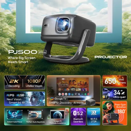 Side-by-side projector comparison showing the PJ500 Ultra's brighter, glare-free race car image with 650 ANSI Lumens.