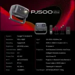 PJ500 Ultra spec sheet with accessories, detailing Google TV, 1080P, 650 ANSI Lumens, WiFi 6, and Bluetooth 5.3.
