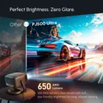 PJ500 Ultra projector infographic on grass highlighting 1080P, Google TV, 650 Lumens, AI features, and 180° rotation.