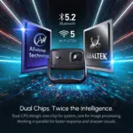 PJ500 Ultra shown between Allwinner and REALTEK chips, highlighting dual-chip processing, Bluetooth 5.2, and Wi-Fi 5.