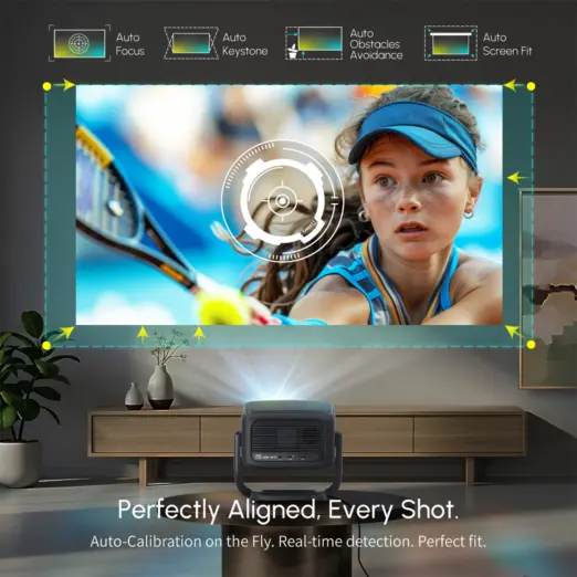 Projector displaying a tennis player on a wall, with graphics showing Auto Focus, Keystone, Obstacle Avoidance, and Fit.