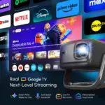 Projector next to a Google TV interface and app logos. Text highlights streaming, smart picks, AI voice, and profiles.